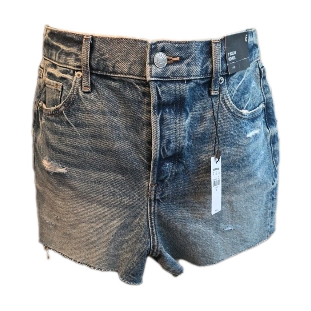 214h. Express Blue Distressed 'Rigid' 2" Inseam High Rise Jean Shorts